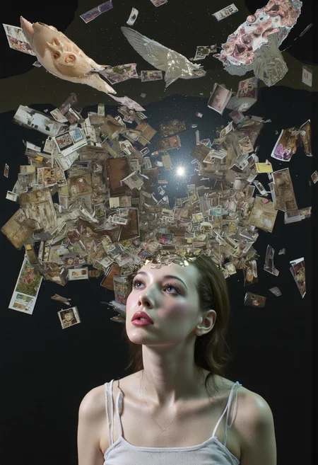 Dreamlike scene involving a woman in a state of contemplation. It combines elements of reality and lost memories. dynamic_pos3