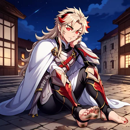 masterpiece, best quality, sharp aliasing, highly detailed, 1male, male body, male,EPfeCorrin, white cape with flames, armour, black gloves, black pants, wearing pants, outdoors, stone tiled ground, buildings, night, barefoot, toeless legwear, armoured legwear, shin armour, leg armour, leg and shin amour, stirrup legwear, black stirrups, 5 toes, Quality, High Definition, Full body view, solo, rengoku kyojuro, forked eyebrowns, long hair, two-tone hair, multicolored hair, red eyes, red eyes, pointy ears, sword, red toenails, dirty feet, glowing eyes, sitting, side view