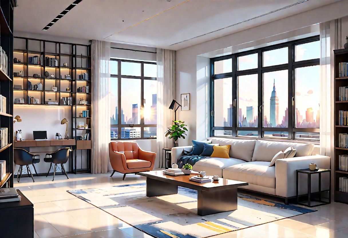 ((front view)), Shallow scene, ((animation style)), modern-style interior, with white walls, (large windows), a  study, Sofa, coffee table, bookcase, single wall, 
warm light morning sun, (City high-rise building scenery)