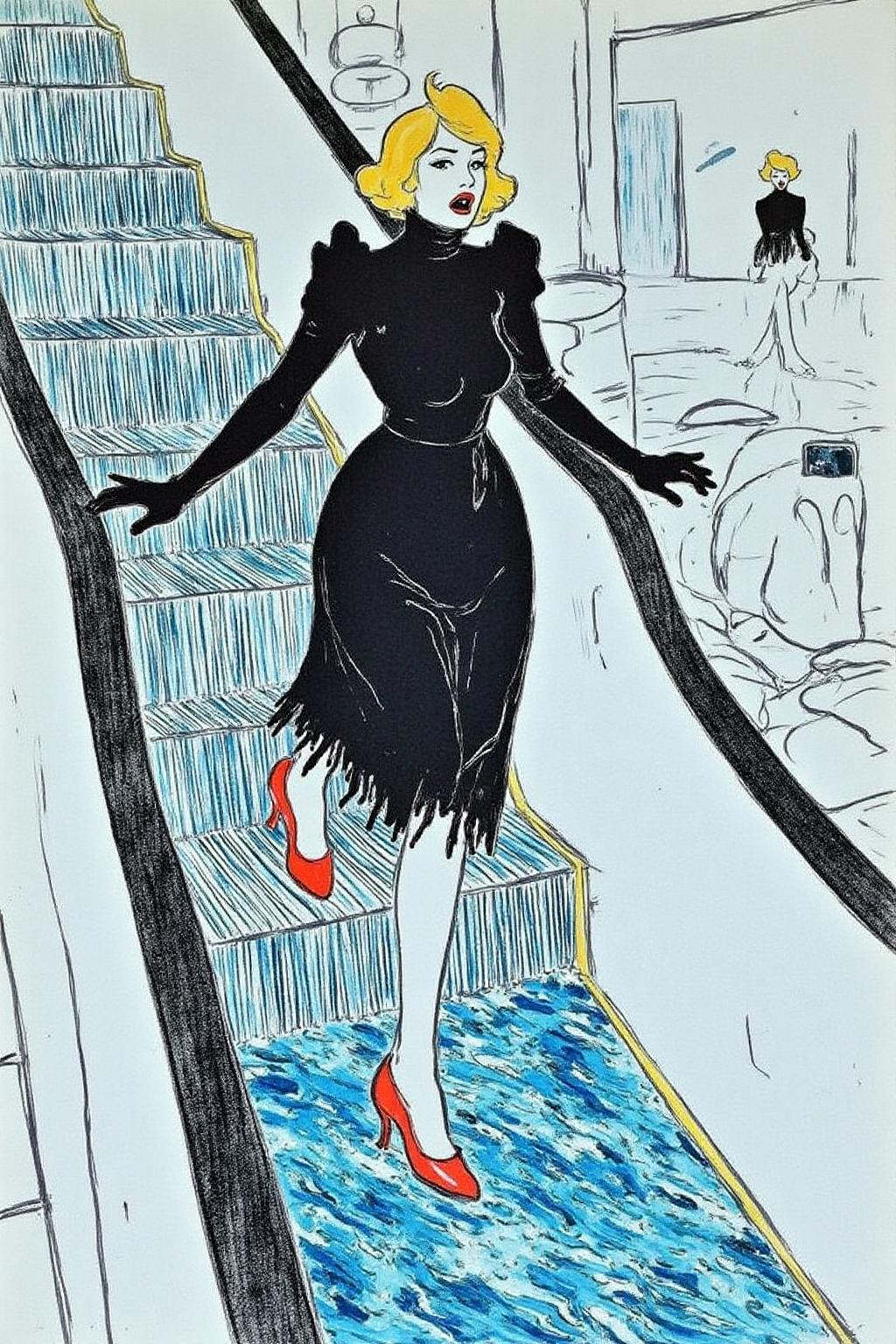 lautrec1 illustration 
of a woman in a chic little black dress and vibrant red high heels, gracefully descending an escalator. She wears black lipstick and is screaming. Her attire exudes elegance and sophistication, with the red heels providing a bold pop of color against the classic black dress. The escalator itself, typically found in a mall or airport, leads downwards into an unexpected and dreamlike destinationâ -- pool of rippling water. The water is blue and ripples as the escalator's steps disappear beneath the surface. The woman's posture is poised and confident, as she seems unperturbed by the unusual surroundings. The overall atmosphere is a blend of high fashion and surreal fantasy, capturing a moment that is both elegant and otherworldly
 <lora:lautrec1_cap_d6a3e11:1.0><lora:810944535061507638:0>