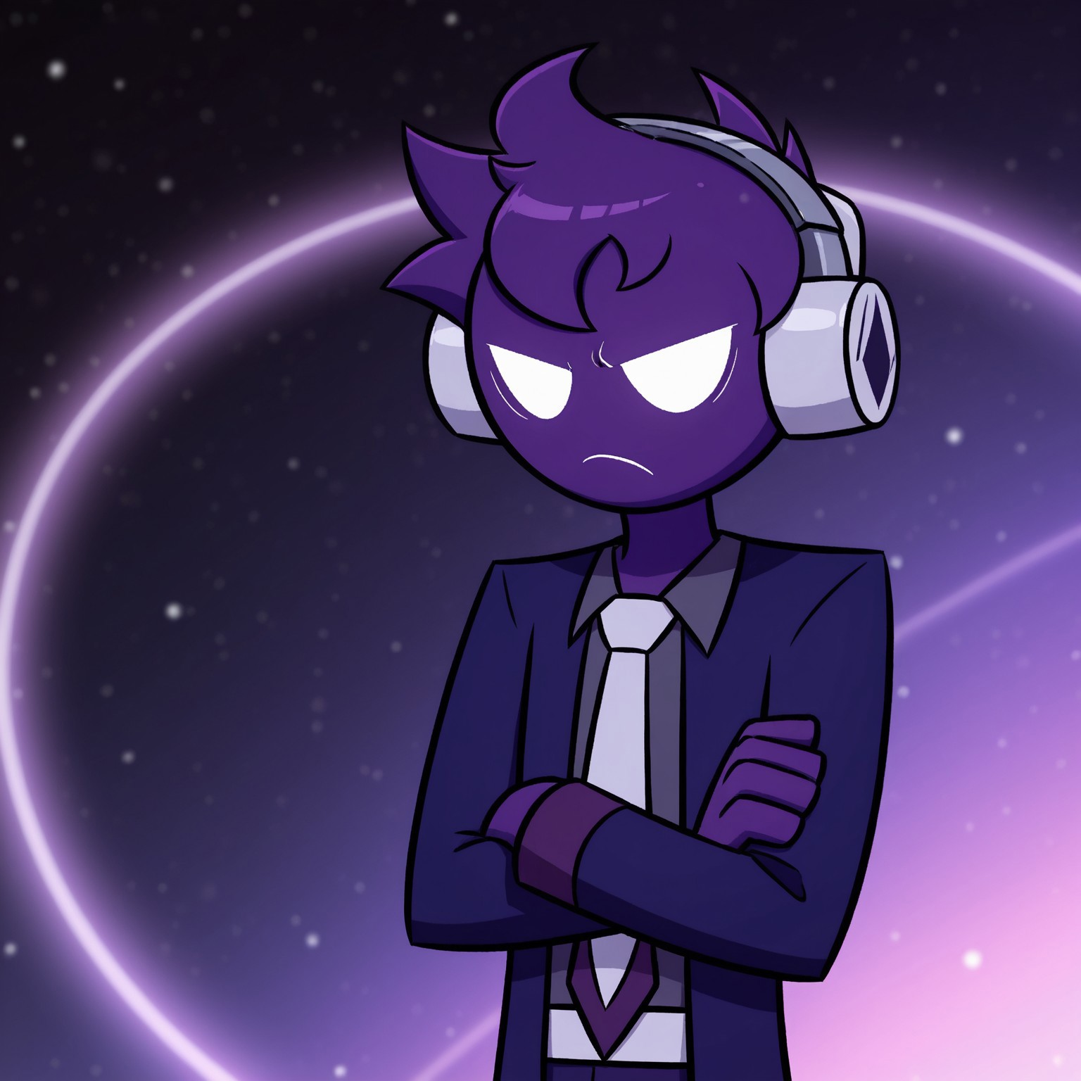 2d, 1boy, solo, Voidfnf, humanoid, purple body, purple hair, white sclera, no pupils, Silver Headphones, indigo jacket, gray undershirt, gray shirt collar, white and purple tie, white belt, indigo pants, purple trims, dark purple shoes

BREAK arms crossed, frown, upper body focus, looking at viewer, abstract background

BREAK best quality, amazing quality, very aesthetic, absurdres, newest, masterpiece 