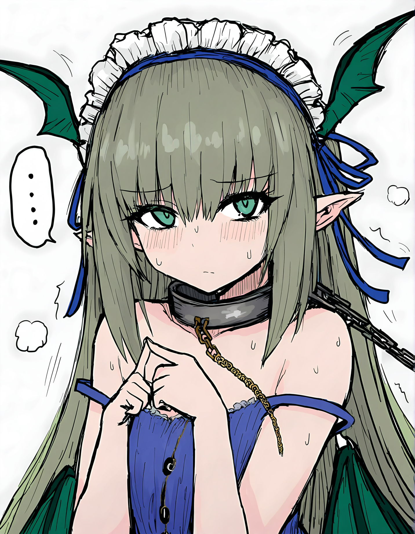 sushi yuusha toro, 1girl, pointy ears, green hair, solo, green eyes, long hair, ..., sensitive, blush, spoken ellipsis, chain, ribbon, collar, sweat, bare shoulders, index fingers together, hair ribbon, closed mouth, frilled hairband, metal collar, hairband, upper body, blue ribbon, looking at viewer, headdress, green wings
very awa, masterpiece, best quality, year 2024, newest, highres, absurdres, <lora:black-souls-style-noobai-vpred10-v4:1>