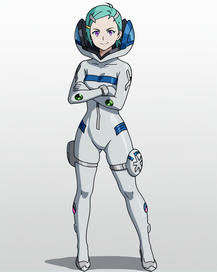 1girl, E7E, solo, purple eyes, short hair, aqua hair, Flightsuit3ureka, helmet, headgear, grey bodysuit, blue bodysuit, pilot suit, skin tight, thigh holster, grey gloves, high heels, grey footwear, <lora:Eureka - Eureka Seven V4-000012:0.9>, standing, white background, looking at viewer,crossed arms, facing viewer, smile, feet out of frame