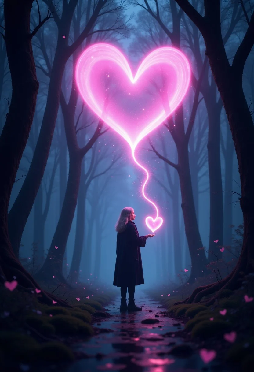 a mystical scene set in a dark, enchanted forest. The central figure is a person with light-colored hair, wearing a dark cloak, standing on a forest path. They are surrounded by towering, shadowy trees with twisted branches. The person is holding out their hand, from which a stream of glowing pink hearts is emanating, forming a large heart shape in the sky above. The hearts are vibrant and luminous, contrasting sharply with the dark, moody background. The overall atmosphere is magical and otherworldly, with a sense of wonder and enchantment. The lighting highlights the figure and the heart shapes, creating a focal point in the composition. aidmaLOVEboost