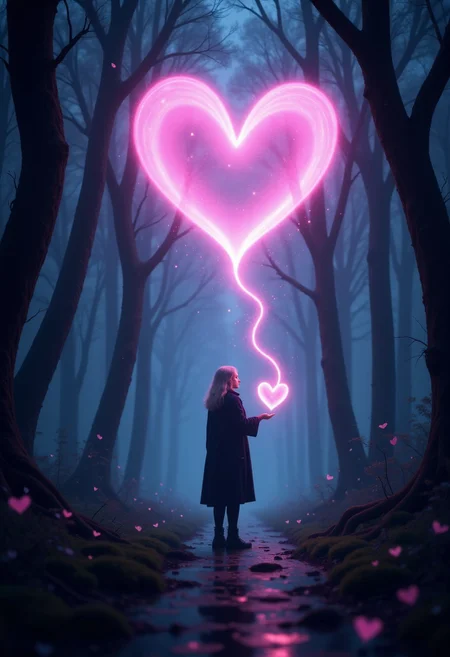 a mystical scene set in a dark, enchanted forest. The central figure is a person with light-colored hair, wearing a dark cloak, standing on a forest path. They are surrounded by towering, shadowy trees with twisted branches. The person is holding out their hand, from which a stream of glowing pink hearts is emanating, forming a large heart shape in the sky above. The hearts are vibrant and luminous, contrasting sharply with the dark, moody background. The overall atmosphere is magical and otherworldly, with a sense of wonder and enchantment. The lighting highlights the figure and the heart shapes, creating a focal point in the composition. aidmaLOVEboost