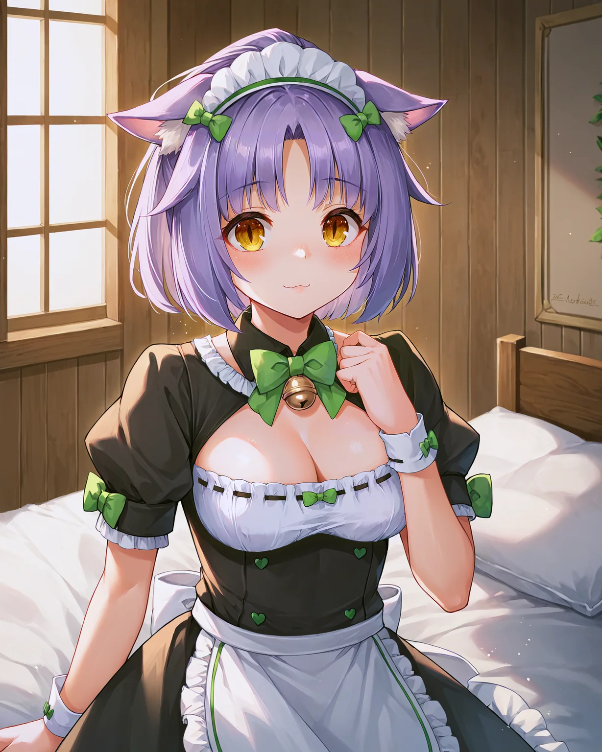 <lora:Neko_Cinnamon_XL:0.7> cinnamon, light purple hair, bangs, yellow eyes, cat girl, cat ears, cat tail, bow, green bow, ribbon, bell, neck bell, hair ribbon, maid headdress, maid, frills, clothing cutout, cleavage cutout, short sleeves, puffy sleeves, wrist cuffs, puffy short sleeves, apron, waist apron, frilled apron, upper body,, <lora:9_Detail_Tweaker_XL:0.8>, score_9, score_8_up, score_7_up, source_anime, masterpiece, best quality, highly detailed background, cinematic lighting, detailed eyes, perfect face,, lazy, teenager room, messy, bedroom, bed sheet, closet,