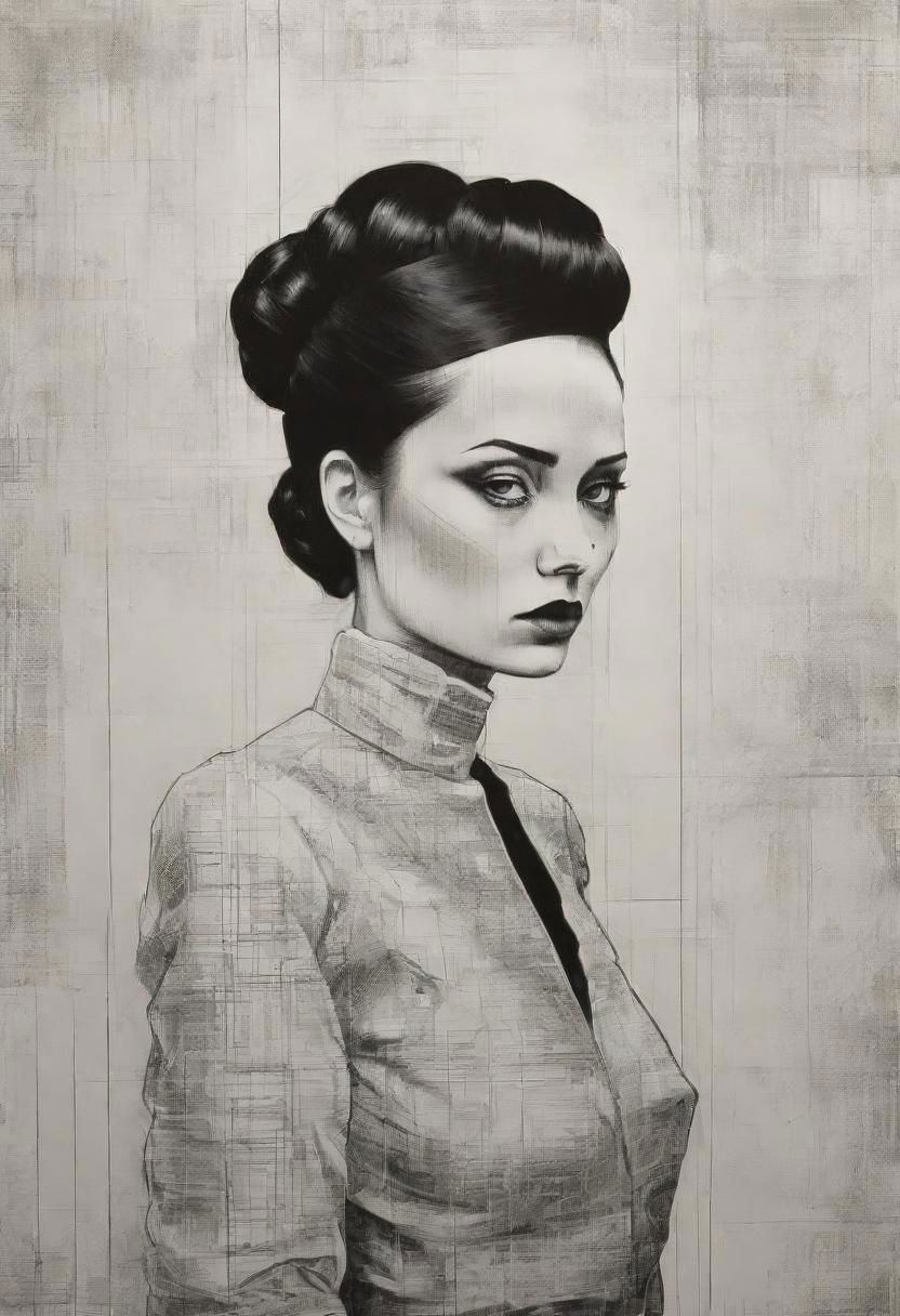 rough crosshatch drawing pop surrealism pop art Lunatic_Portrait of a girl in latex, slick back, low bun, black makeup, tj