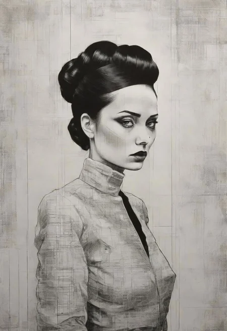 rough crosshatch drawing pop surrealism pop art Lunatic_Portrait of a girl in latex, slick back, low bun, black makeup, tj