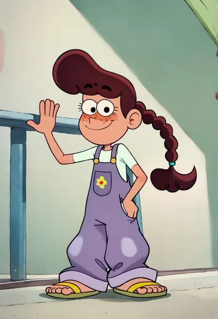 score_9, score_8_up, score_7_up BREAK NelliePrms, 1girl, reddish-brown hair, light brown skin, freckles, black eyes, ponytail, emerald ball scrunchie, shortsleeved light green shirt, purple overalls, front pocket with yellow flower-patch, yellow green sandals, full body, smiling at viewer,