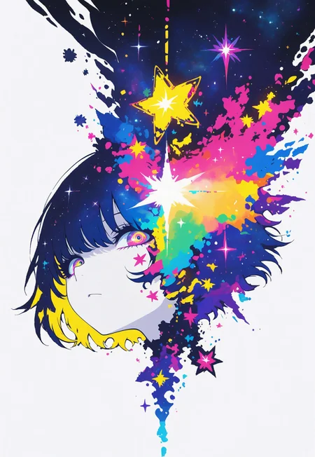 xxx667_illu, sometyome_illu, abstract, score_9, score_8_up, score_7_up, concept art, source_anime, extremely detailed, masterpiece ,amazing quality, intricate details , sometyome_illu ,xxx667_illu , white background, flat colors, flat style, trigger stars, beautiful girl, yellow highlights, fading, cosmic stars, short hair, hair obscuring eyes, dynamic pose, close up, white skin, solemn gaze, looking at viewer,