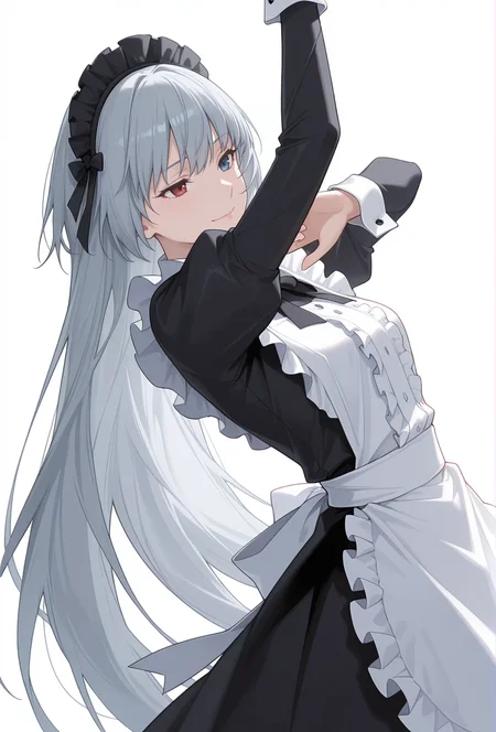 Smooth Quality,masterpiece,very intricate, high quality details, ultra realistic, high detailed skin,detailed enviorement,absurdres,
simple background, white background,solo,
from side,dancing,
sad smile,
<lora:Valentine_CNR:0.8> valentine_cnr, 1girl, blue eyes, grey hair,red eyes, heterochromia, blue eyes,very long hair, valentine_maid,black ribbon, bow, dress, frills,juliet sleeves, maid apron,black maid headdress, puffy sleeves, ribbon,