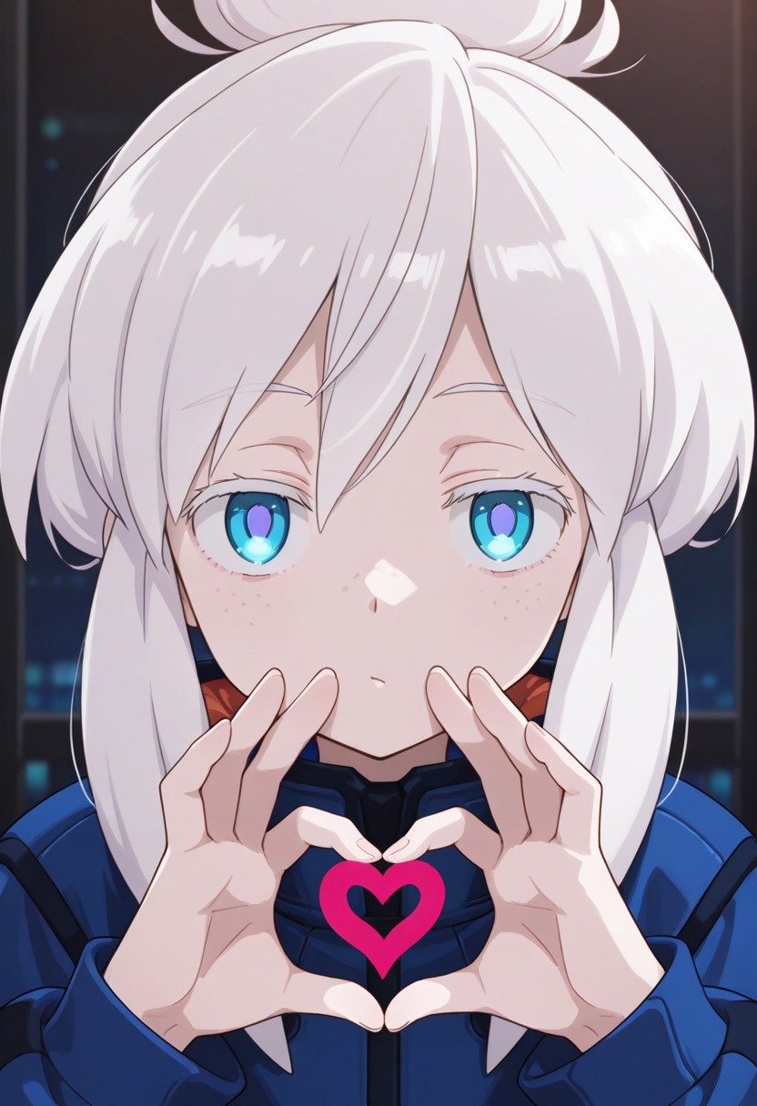 gundam_gquuuuuux_deux_murasame, 1girl, solo, white hair, blue eyes, single hair bun, blue jacket, long sleeves, freckles,
looking at viewer, 
, lighting, heart gesture,