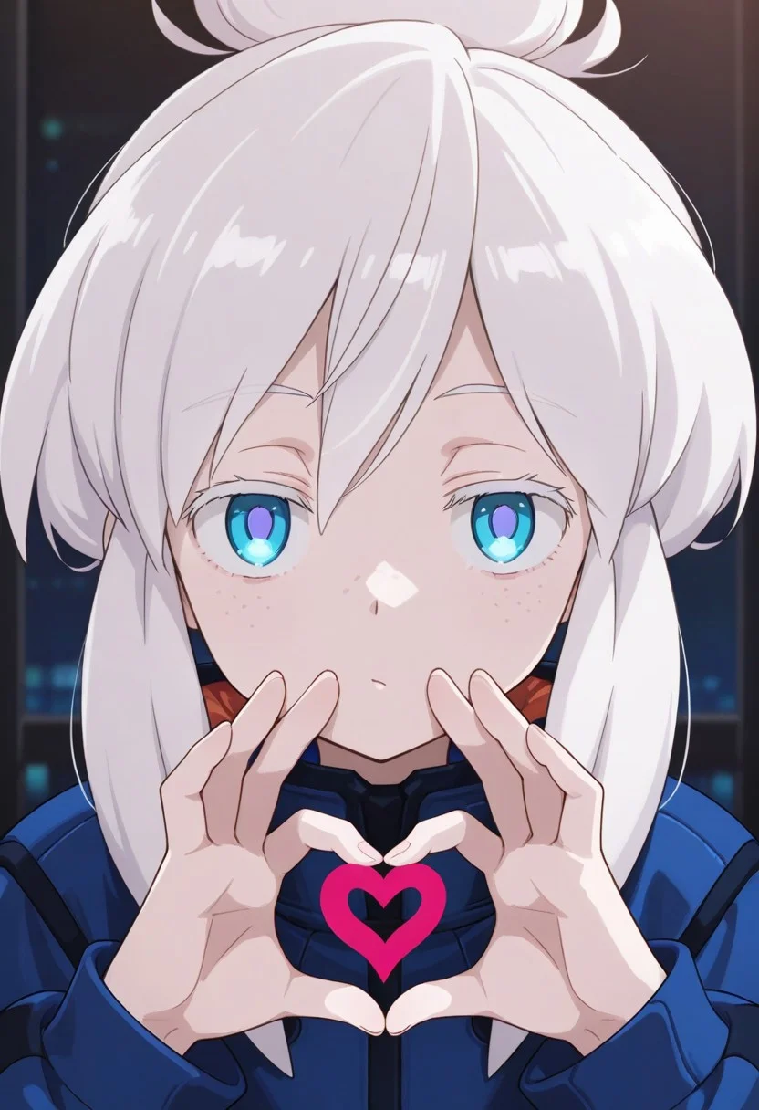 gundam_gquuuuuux_deux_murasame, 1girl, solo, white hair, blue eyes, single hair bun, blue jacket, long sleeves, freckles,
looking at viewer, 
, lighting, heart gesture,