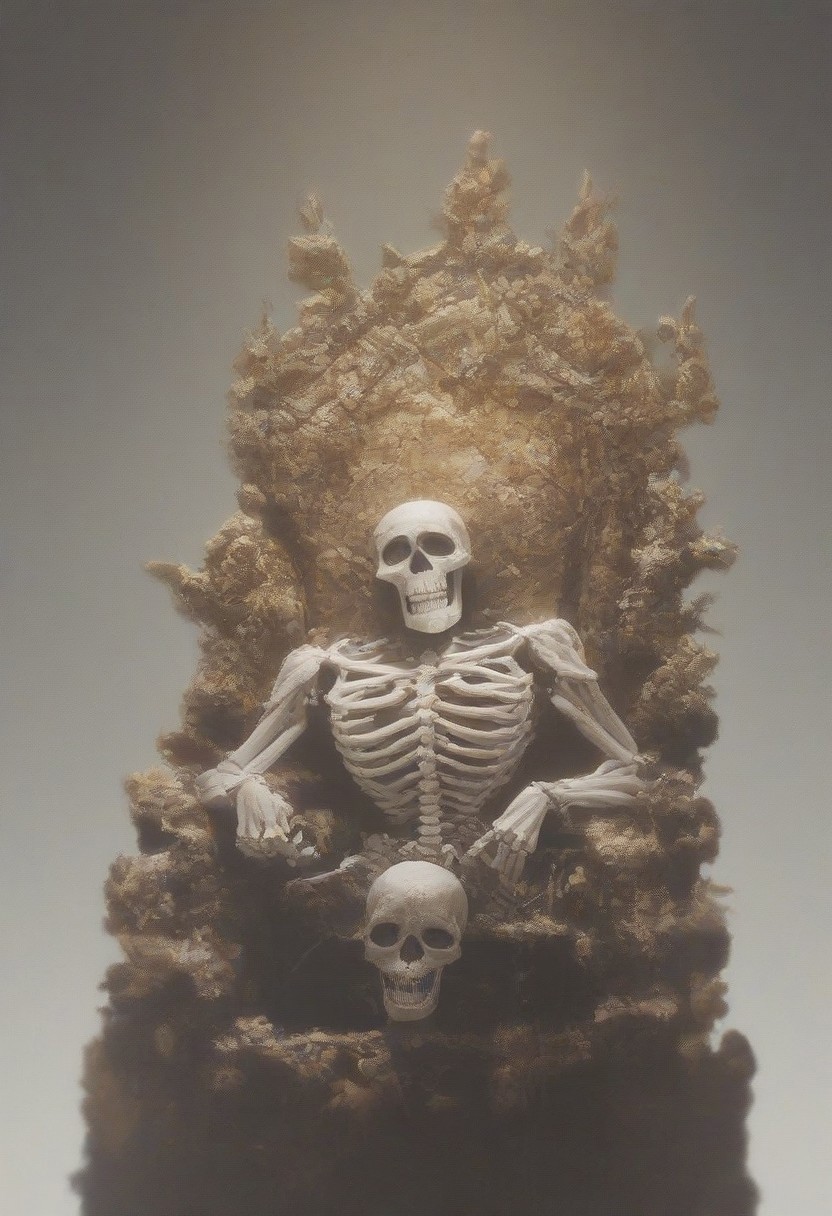 score_9, score_8_up, score_7_up, score_6_up,
one skeleton of dead king wearing rotted clothes and a golden crown on a lavish golden throne, boneswm