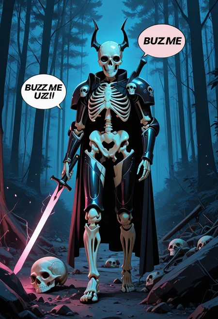 Realistic, score_9, score_8_up, score_7_up, score_6_up, score_5_up, score_4_up, ultra HD, high quality, amazing quality, high detail, amazing detail, masterpiece, Cinematic Lighting, Volumetric Lighting, Post Processing, perfect and beautiful anatomy, new, newest, 1 male skeleton, full body  armor, detail armor, menacing armor design, full mask helmet, Skull mask, holding sword, full body view, dark forest, man holding sign with English text *need 1k buzz*, detailed English text, "BUZZ ME" in the speech bubble