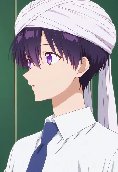 masterpiece, best quality, , anime screencap, anime coloring, official style,, 1boy, solo, male focus, <lora:yuuki_izumi_ilxl:0.94>, yuuki_izumi, purple hair, purple eyes, short hair, bangs, hair between eyes, white shirt, collared shirt, blue necktie, school uniform, , , turban