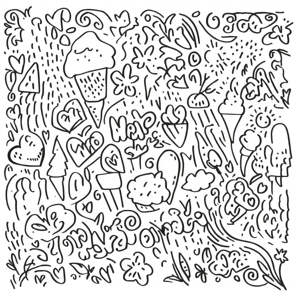 no humans, tree, food, monochrome, planet, spoken ellipsis, hand drawn, heart, ice cream, lineart, flower