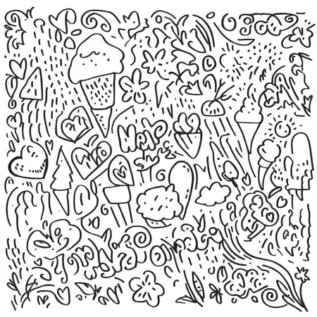 no humans, tree, food, monochrome, planet, spoken ellipsis, hand drawn, heart, ice cream, lineart, flower