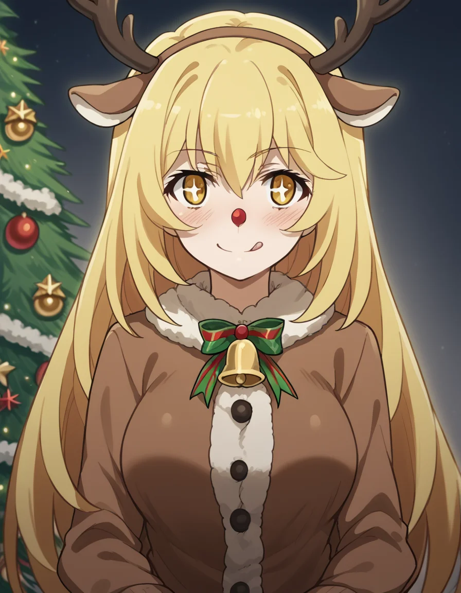score_9, score_8_up, score_7_up, source_anime, <lora:misaki-shokuhou-s3-ponyxl-lora-nochekaiser:1>, misaki shokuhou, blonde hair, hair between eyes, long hair, symbol-shaped pupils, yellow eyes, large breasts, <lora:reindeer-costume-ponyxl-lora-nochekaiser:1>, reindeer costume, animal costume, reindeer antlers, antlers, fake antlers, reindeer hood, christmas, red nose, deer ears, deer tail, christmas tree, bell, horns, reindeer,, blush, smile, tongue out, looking at viewer,,