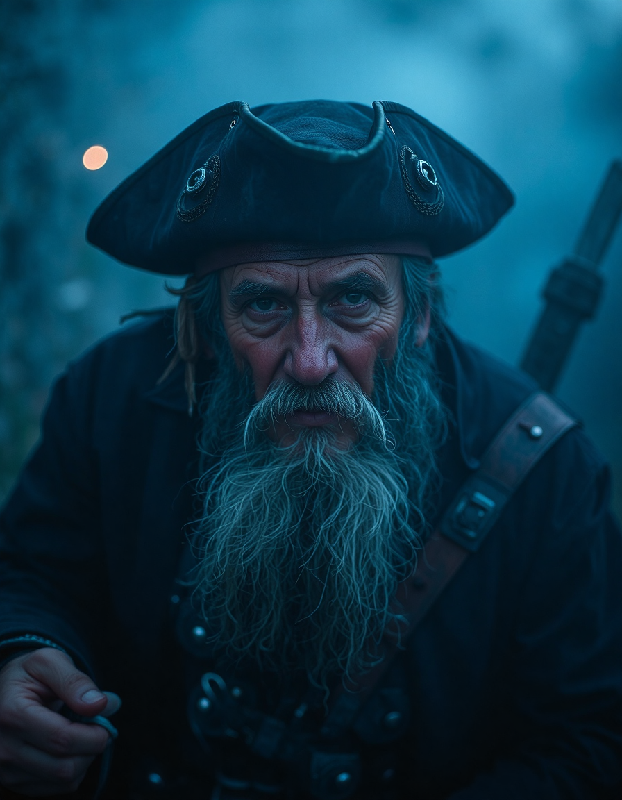 photo of old pirate man, beard, fog, dark atmosphere, night, close up, cinematic shot, hard shadows, Fujifilm XT3