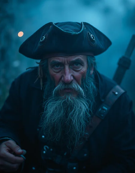 photo of old pirate man, beard, fog, dark atmosphere, night, close up, cinematic shot, hard shadows, Fujifilm XT3