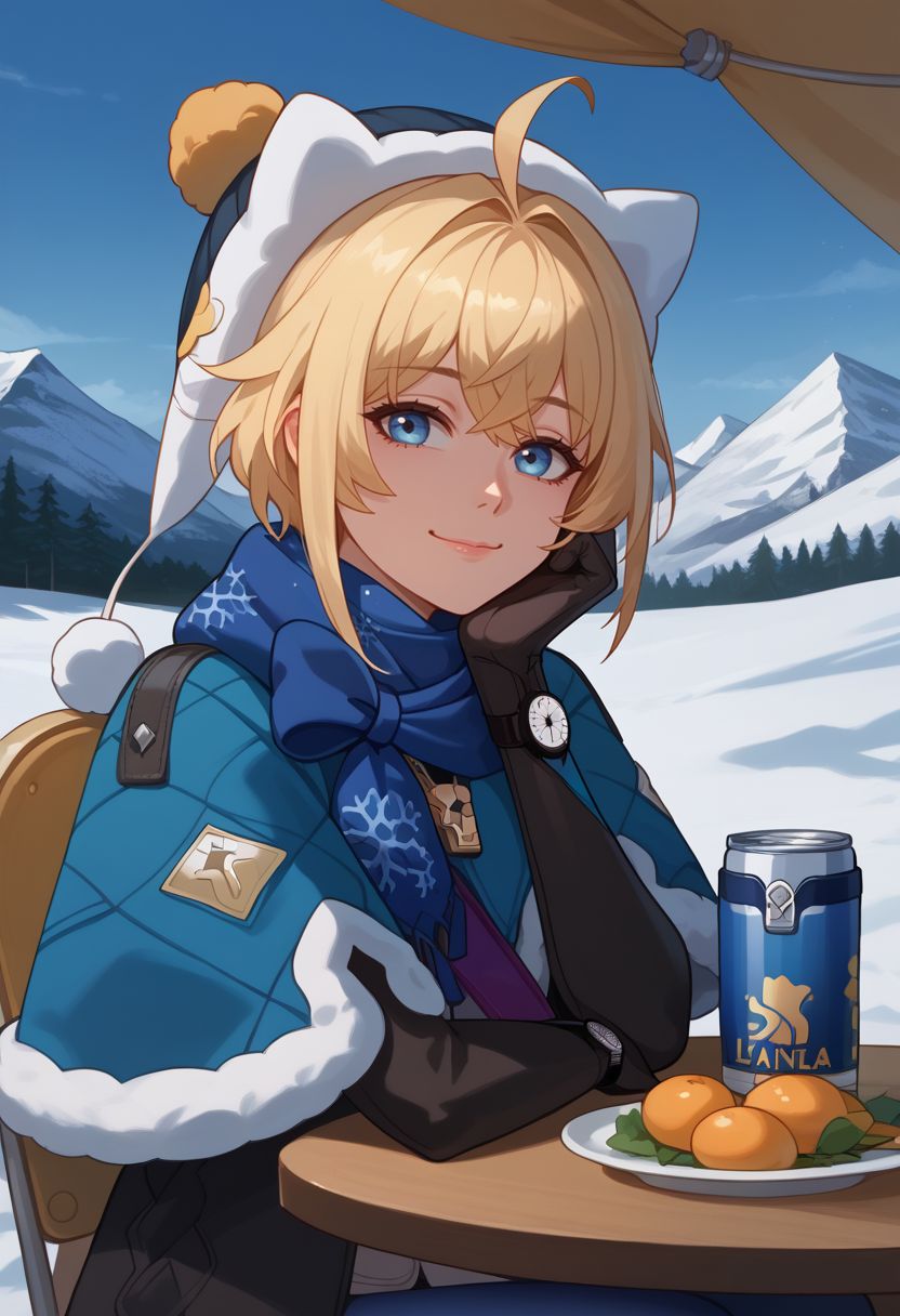 score_9, score_8_up, score_7_up, source_anime, 1girl, lynxlandaudef, 1girl, blue eyes, blonde hair, short hair, ahoge, hat, blue scarf, fur trim, fur-trimmed capelet, blue capelet, white jacket, winter clothes, blue pantyhose, snowflake print, black elbow gloves, watch, fur-trimmed boots, bag, can, sitting, on chair, table, head rest, smile, closed mouth, looking at viewer, portrait, close-up, upper body, facing viewer, tent, outdoors, snow, mountain, <lora:LynxLandau_v1-000010:1>