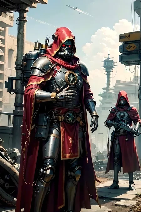 masterpiece, best quality, official art, (hand by Guido Daniele), extremely detailed CG unity 8k wallpaper, 1 man, slender body, skitarii, wasteland, ruins, orange gas, gas mask, blunderbuss, rifle, techpriest, mechanical arms, mechanical legs, mask, glowing eyes, red hood, long open robe, mechanical body <lora:techpriest:0.75>