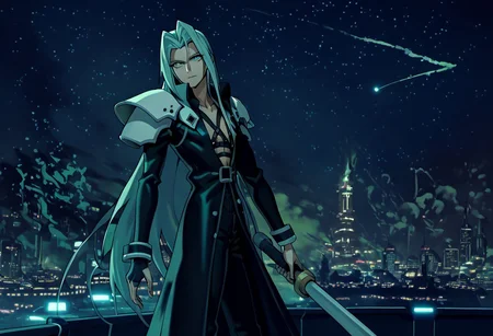 score_9, score_8_up, score_7_up, asymmetrical composition, vaporwave, Lofi, Sephiroth looking board slumped on a stoop overlooking ShinRa tower, shinra_hq, shoulder armor, ShinRa headquarters, night, city, smoke, fog, smog, smoke stacks,, exaggerated perspective emphasizing action, Sephiroth fighting swinging very long sword, long billowing black leather overcoat, pitch black starry sky, solo, beautiful, androgynous, flat chest, leather straps, broad shouldered, high contrast, industrial cityscape background, Netflix, Studio Trigger, ff7, neolight,