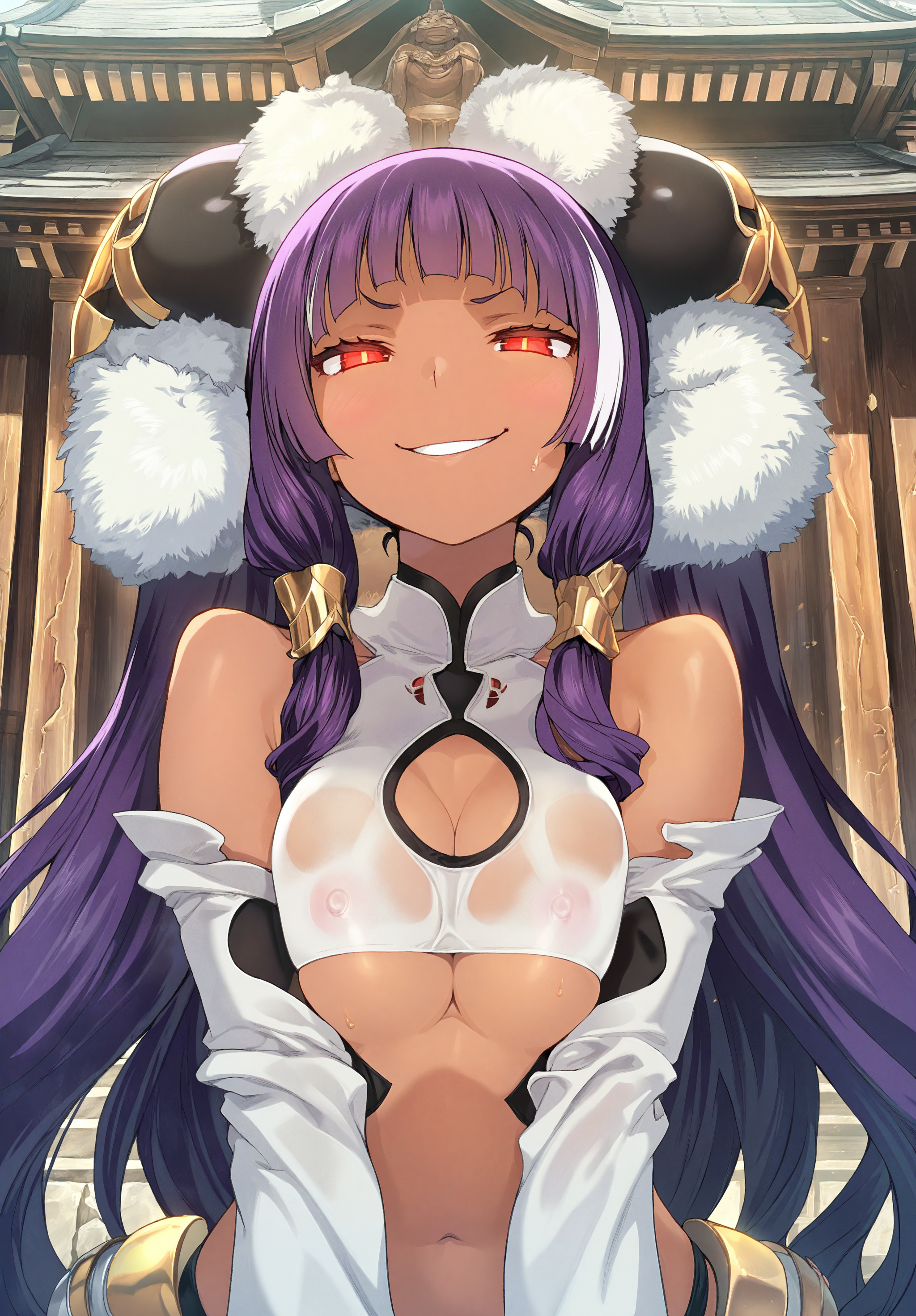 highres,absurdres,masterpiece,best quality,1girl,<lora:Cool Rance Zoot:1>,from below,1girl,upper body,dark-skinned female,purple hair,white streaked hair,hime cut,sidelocks,looking at viewer,sitting,(smug:1.5),smile,long twintails,curly hair,very long hair,fur trim,fur ornament,red eyes,medium breasts,underboob,armor bikini,see-through,detached sleeves,chest cutout,navel,stomach,sweat,half-closed eyes,head back,light blush,temple,(breasts squeezed together:1.2),covered nipples,