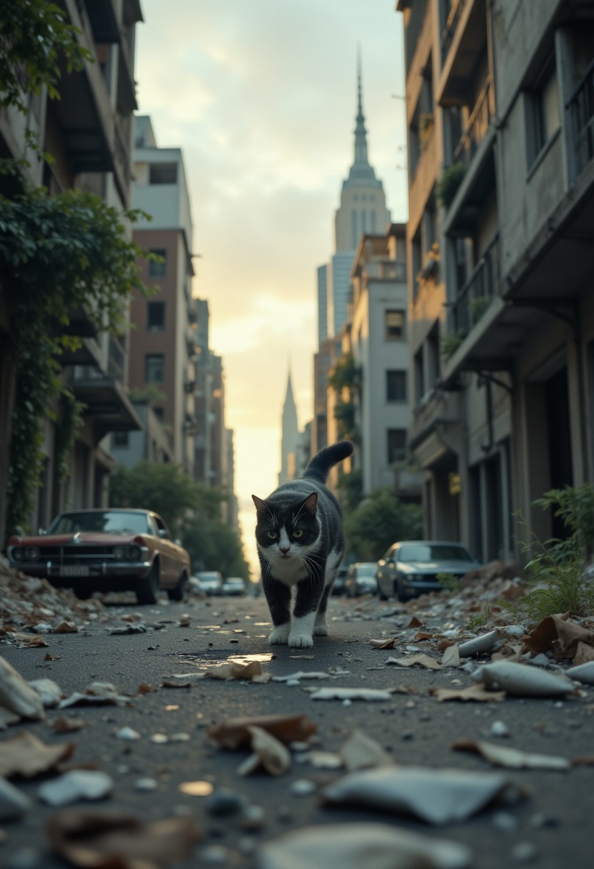 A lone cat, a scrappy black-and-white feline with matted fur, navigating the desolate, abandoned streets of a post-apocalyptic city. The once-bustling metropolis is now in ruins, with crumbling buildings, overgrown plants, and scattered remnants of human civilization. The cat’s eyes are sharp and alert, scanning the decayed landscape for any signs of danger or food. The sky is overcast, with a faint orange hue from the setting sun casting eerie shadows over the broken city. Rusted cars and overturned debris are scattered throughout the street, while vines creep up the walls of abandoned skyscrapers. The cat walks carefully over shattered glass and rubble, its fur a contrast against the muted, graying surroundings. A sense of solitude and survival permeates the scene.