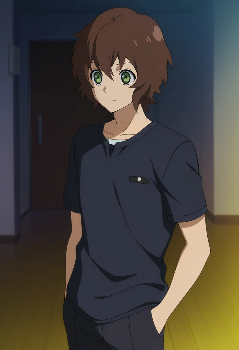 masterpiece, best quality, anime screencap, official style, anime coloring, cowboy shot, 1boy, solo, male focus, <lora:yoichi_saotome_ilxl:0.94>, yoichi_saotome, brown hair, green eyes, short hair, ,