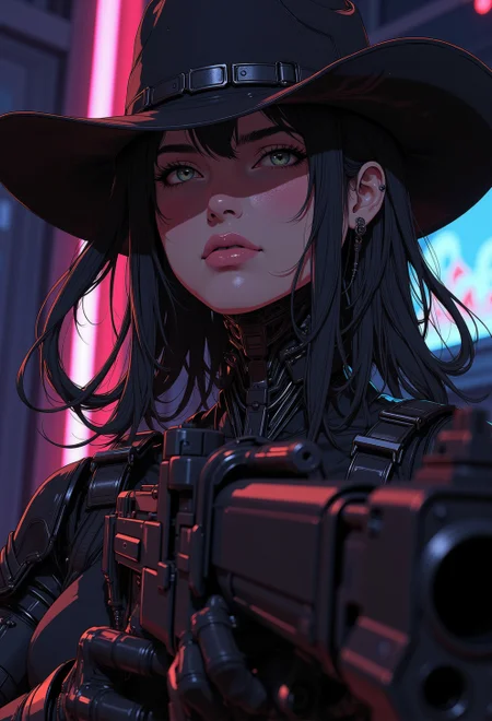 <lora:ck-nc-luminal-genesis:1>, A digital anime artwork in the style of cklg, A stunning beautiful girl wearing a cowboy hat seen from a low angle perspective, she has long, wavy hair cascading around her face. Subtle mechanical features are integrated into her face and neck, blending seamlessly with her natural midwest beauty. she is holding a machine gun in a high ready position.  bullet belts around her shoulders, The artwork is rendered in a chiaroscuro style, with extreme contrast between light and shadow, creating a dramatic, moody effect. The background is a futuristic farm, with neon light illuminating select areas, adding a futuristic western glow. blending organic beauty with mechanical details for a striking cowgirl cybernetic aesthetic .<lora:flux.1_lora_flyway_Epic-detail_v2:0.3> <lora:test2:0.4> <lora:Anime v1.3:0.2>