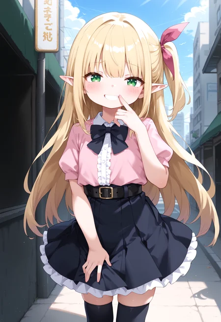 score_9, score_8_up, score_7_up, score_6_up, score_5_up, score_4_up, anime_source, anime_coloring, rating_questionable,
BREAK
1girl, solo, female, (young:1.3), flat, elf, (slim:1.2), (elf ears:1.2), single side up, blonde long hair, hair between eyes, blonde hair, green eyes, long eyelashes, (hair ribbon:1.3), pink ribbon, flat chest, sidelocks, straight long hair, hime cut,
collared shirt, center frills, frilled skirt, black skirt, pleated skirt, puffy sleeves, black thigh highs, pink shirt, black bowtie, black waist belt, skindentation, short sleeves,
outside, city, city street, shibuya street, smug, :3
<lora:mesugaki_Pony_v1:0.9> mesugaki smile, looking at viewer, blush, hand up,