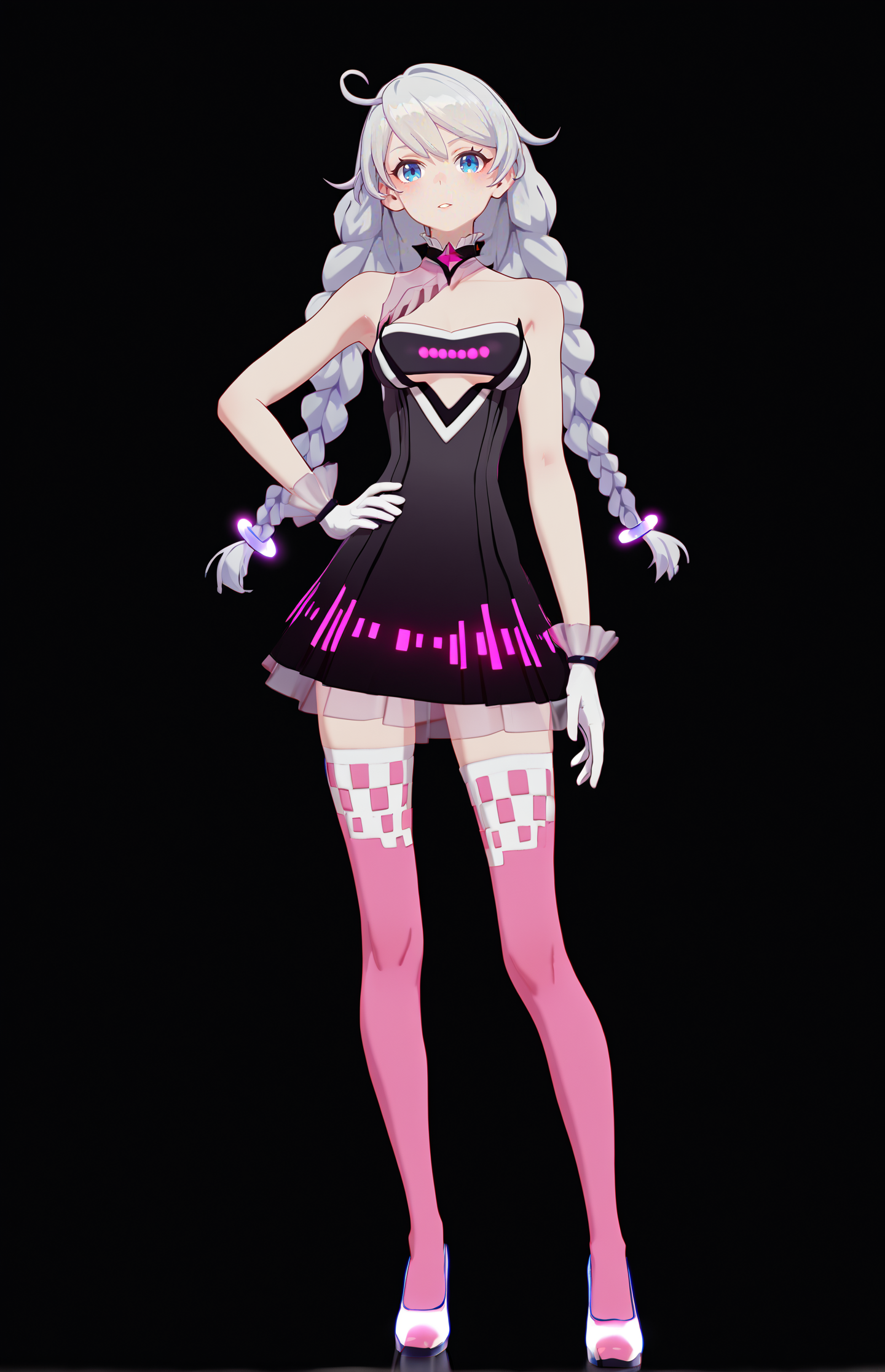 score_9, score_8_up, score_7_up, score_6_up, 8k, best quality, masterpiece, (ultra-detailed:1.1), (high detailed skin), 
(full body), (black background:1.1), standing, looking at viewer, (solo), hand on hip, 
<lora:kiana-young-pony-Tanger-000010:0.8>, kiana kaslana, geji, 6th clothes, 1girl, blue eyes, braid, long hair, twin braids, dress, white gloves, bare shoulders, pink thighhighs, 
(beautiful_face), ((intricate_detail)), clear face, 
((finely_detailed)), fine_fabric_emphasis, 
((glossy)), full_shot,
