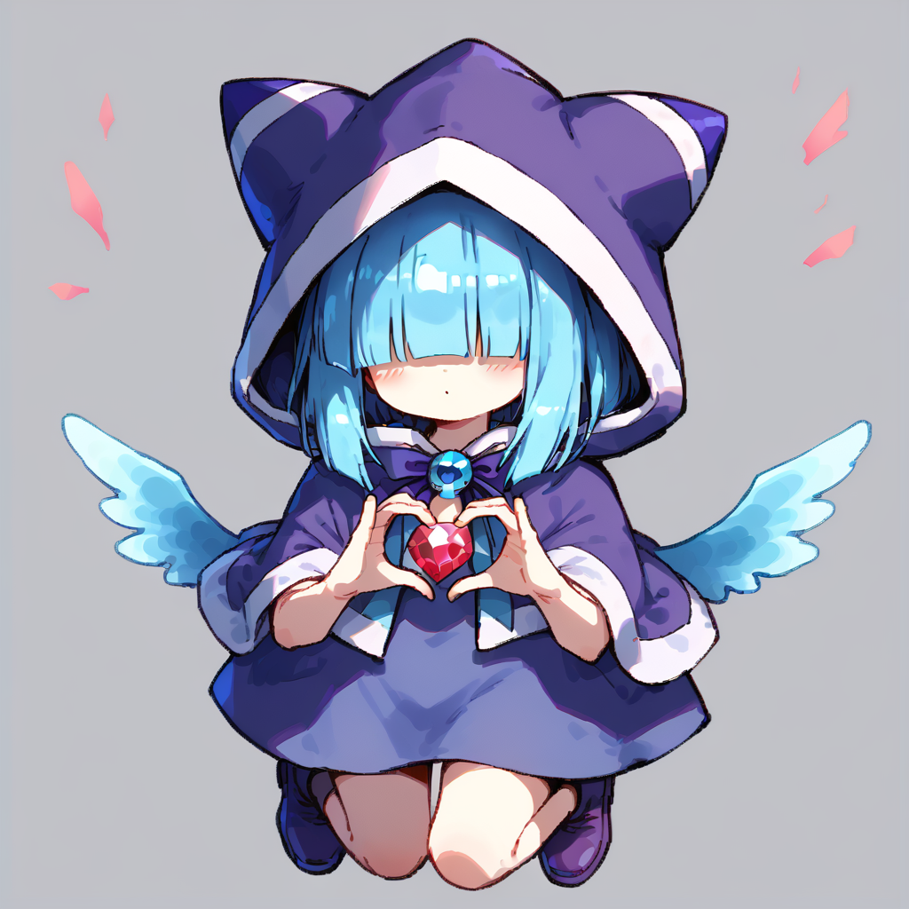 score_9, solo, no humans
 <lora:Mahoko:0.8> mahoko, blue hair, wings, hood, hair over eyes, hood up, capelet, gem, purple footwear, blunt bangs, heart hands