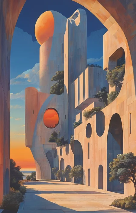 masterpiece,best quality,<lora:tbh306-sdxl:0.9>,illustration,design by Michael Graves, Futuristic skyscraper with organic shapes, inspired by Zaha Hadid, gleaming under a sunset sky