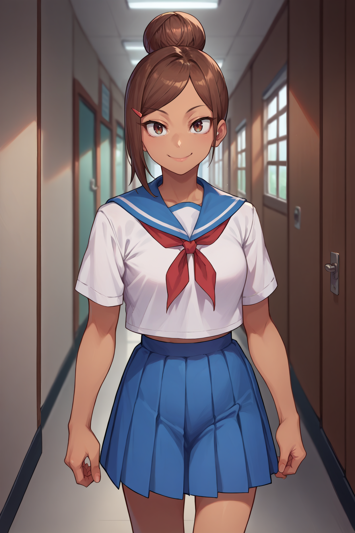 score_9, score_8_up, score_7_up, score_6_up, source_anime, 1girl, solo,  <lora:ueharaayaka-pdxl-nvwls-v1-000006:1> ueaya, brown hair, hair bun, tan, hairclip, white shirt, blue sailor collar, blue pleated skirt, looking at you, flex, smile, hallway