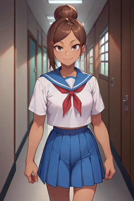 score_9, score_8_up, score_7_up, score_6_up, source_anime, 1girl, solo, <lora:ueharaayaka-pdxl-nvwls-v1-000006:1> ueaya, brown hair, hair bun, tan, hairclip, white shirt, blue sailor collar, blue pleated skirt, looking at you, flex, smile, hallway