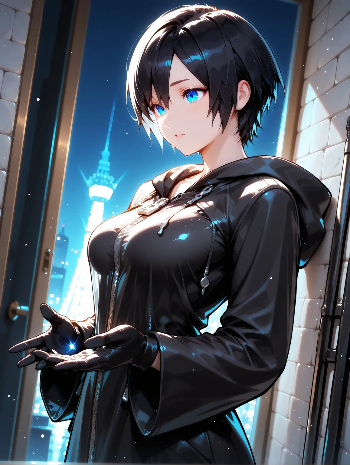 masterpiece, best quality, perfect hands, hyper-Detailed, amazing quality, very aesthetic, amazing quality, dynamic angle, solo, 19 years old, imtdxion, 1girl, short hair, coat, black hair, blue eyes, hood, hood down, gloves, black gloves, black coat, zipper, hair between eyes, bangs, wide sleeves, hooded coat, medium breast, sexy