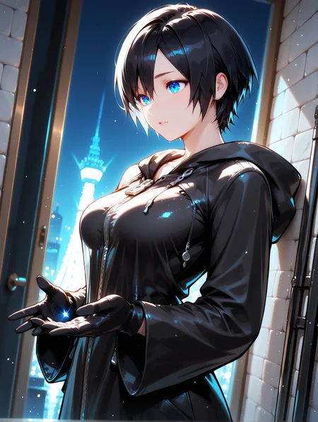 masterpiece, best quality, perfect hands, hyper-Detailed, amazing quality, very aesthetic, amazing quality, dynamic angle, solo, 19 years old, imtdxion, 1girl, short hair, coat, black hair, blue eyes, hood, hood down, gloves, black gloves, black coat, zipper, hair between eyes, bangs, wide sleeves, hooded coat, medium breast, sexy
