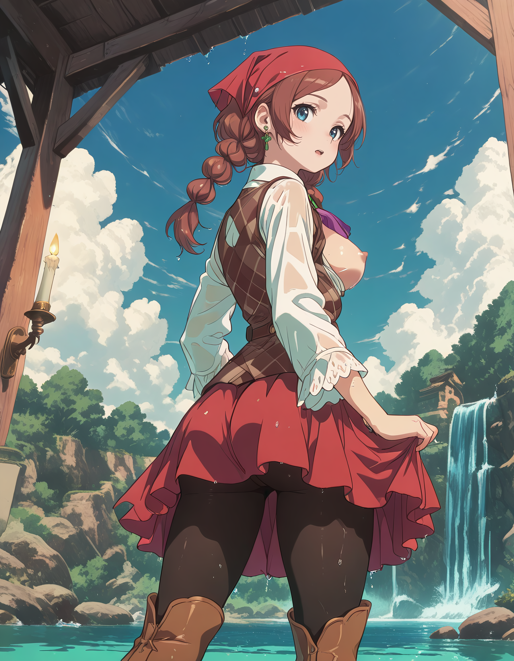Smooth Quality <lora:kirshell_IL:1> kirshell, long hair, brown hair, twin braids, earrings, green eyes, brooch, purple ascot, white collared shirt, long sleeves, brown vest, red skirt, black pantyhose, boots, brown footwear, 1girl, :o, ass, bandana, blue_sky, blush, cloud, day, from_behind, from_below, looking_at_viewer, looking_back, nipples, open_mouth, outdoors, sky, solo, water, waterfall, wet, candlelit_attic, vintage_furniture, old_photographs, wooden_beams, nostalgic_atmosphere, intimate_pose, <lora:ck-shadow-circuit-IL:1> in the style of cksc, addmicrodetails <lora:AddMicroDetails_Illustrious:0.6> <lora:SkindentationIL3.4_alpha16.0_rank32_full_400steps:3>