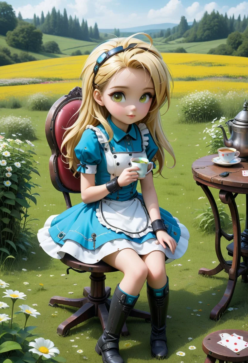 score_9, score_8_up, score_7_up, score_6_up,evi@decrepPunk, detailed face, 1girl, long blonde hair, petite body, aliceinwonderlandoutfit, android parts, cute , shy, android parts, sitting at chair, teatable, cup of tea, ,in the flower field, dynamic lighting, dramatic and magical,
