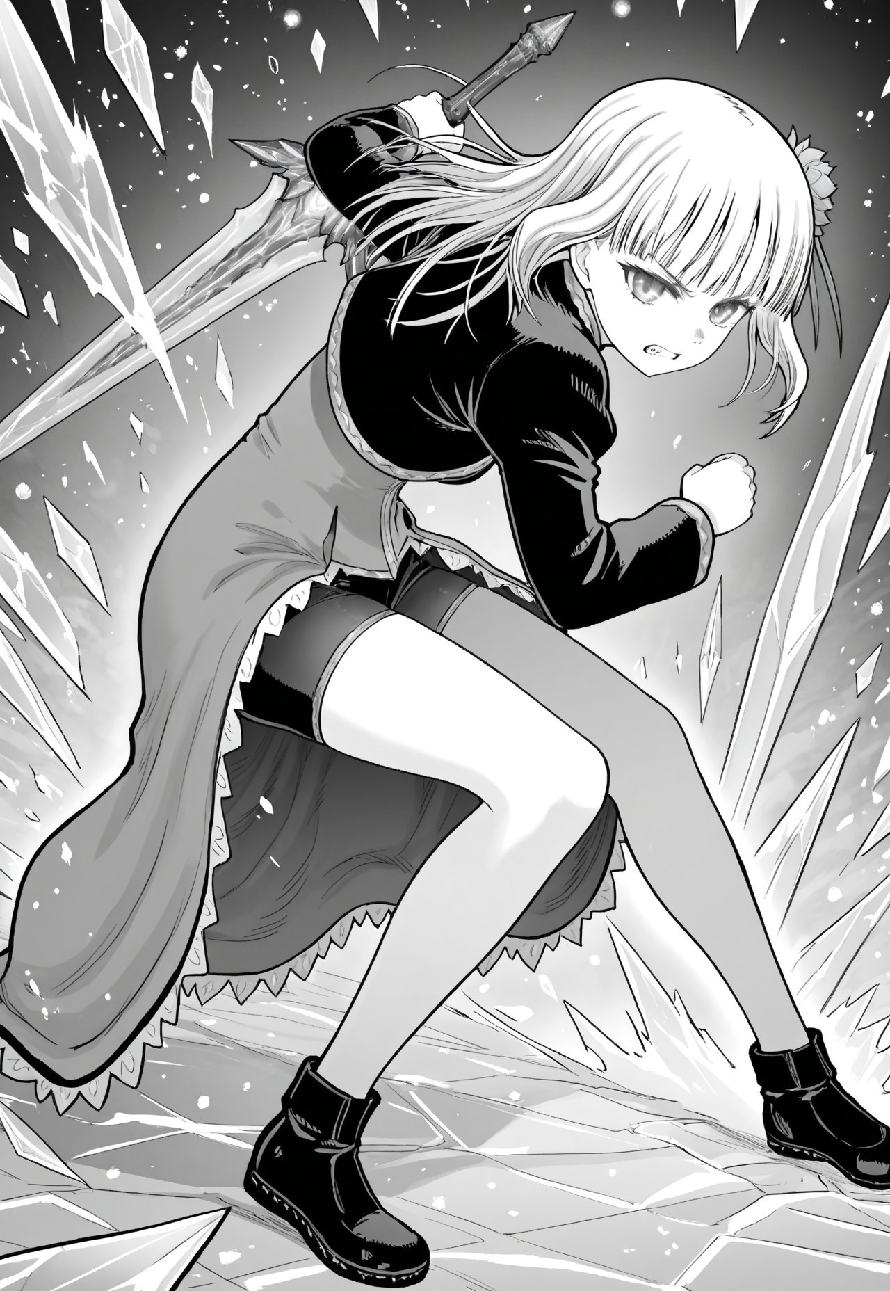 mabel rayveil, medium-length hair, straight bangs, flower hairpin, narrow eyes, youthful body, small breasts, uncle from another world, manga  
long-sleeved tunic with gown-like back, black short shorts, black shoes, holding a sword with a blade of ice and handle of ice, fully crystallized ice construction, sharp and jagged, glowing cold energy, wide glare, clenched teeth, intense focused expression  
one girl only, aggressive combat stance, body leaning forward, sword angled outward, hair and gown blown back by magical pressure  
manga, monochrome