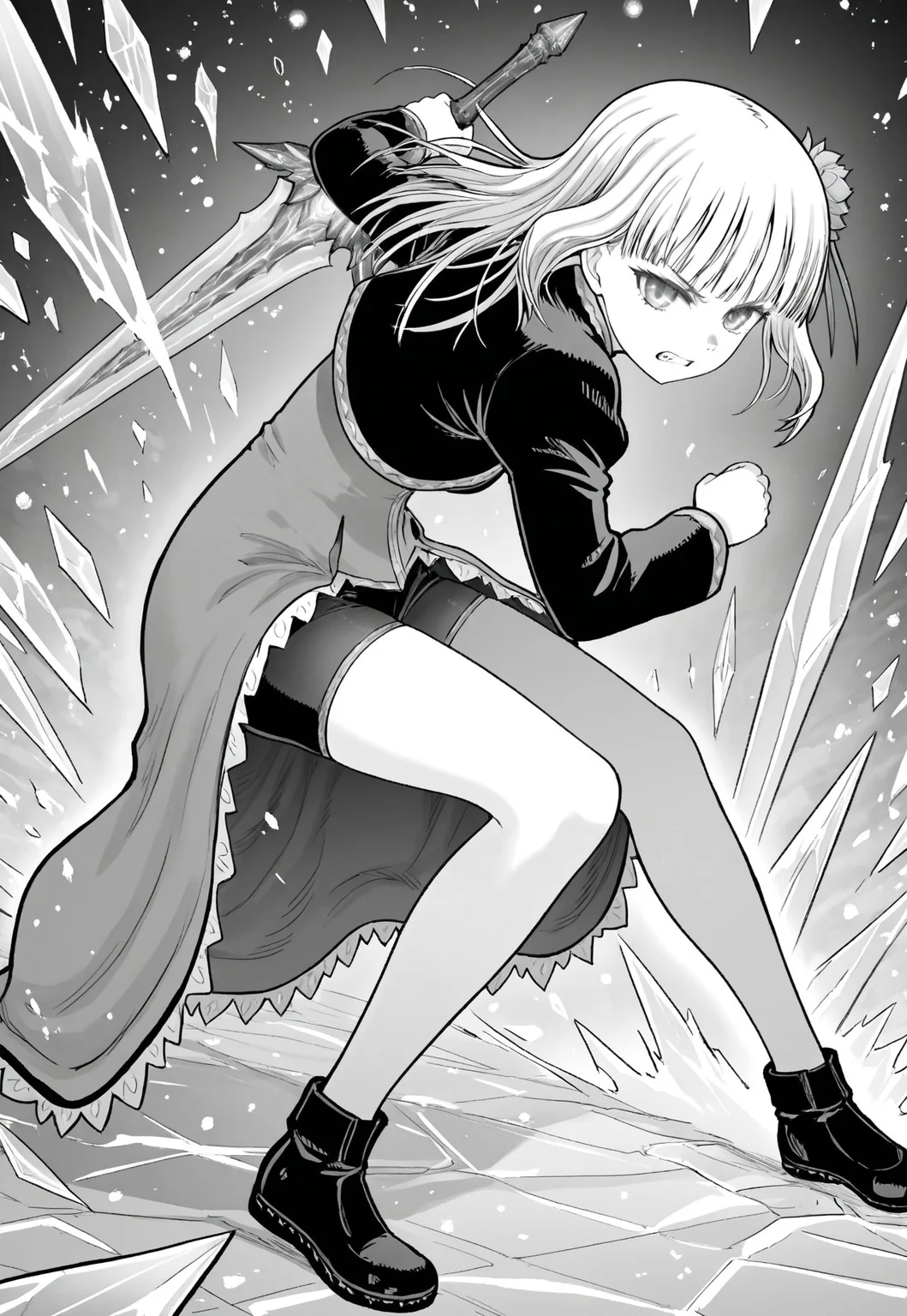 mabel rayveil, medium-length hair, straight bangs, flower hairpin, narrow eyes, youthful body, small breasts, uncle from another world, manga
long-sleeved tunic with gown-like back, black short shorts, black shoes, holding a sword with a blade of ice and handle of ice, fully crystallized ice construction, sharp and jagged, glowing cold energy, wide glare, clenched teeth, intense focused expression
one girl only, aggressive combat stance, body leaning forward, sword angled outward, hair and gown blown back by magical pressure
manga, monochrome