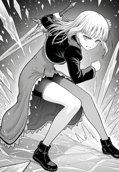 mabel rayveil, medium-length hair, straight bangs, flower hairpin, narrow eyes, youthful body, small breasts, uncle from another world, manga
long-sleeved tunic with gown-like back, black short shorts, black shoes, holding a sword with a blade of ice and handle of ice, fully crystallized ice construction, sharp and jagged, glowing cold energy, wide glare, clenched teeth, intense focused expression
one girl only, aggressive combat stance, body leaning forward, sword angled outward, hair and gown blown back by magical pressure
manga, monochrome