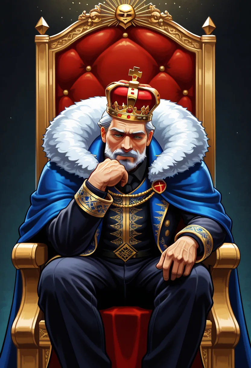 masterpiece, high quality, th1nk3r, 1boy, male focus, solo, cowboy shot, sitting, head rest, leaning forward, throneroom, throne, crown, facial hair, mature male, king,