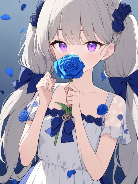 1girl,solo,hair bow,blue bow,twintails,low twintails,braid,long hair,grey hair,purple eyes,short sleeves,white dress,shirt,blue skirt,blue ribbon,see-through,see-through sleeves,collarbone,frills,small breasts,
holding,holding flower,hand up,bow,covered mouth,looking at viewer,
blue flower,blue rose,rose,flower,floral print,falling petals,rose petals,petals,
upper body,
<lora:ag31-jyt_1-000030:1>,