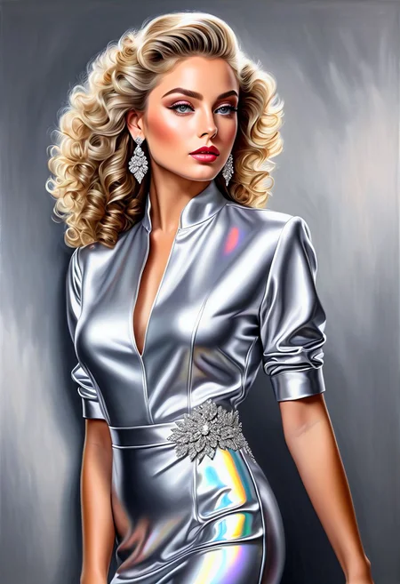 create A full-body view of a colorful glossy hyper-realistic oil painting of a regal, beautiful, American woman with slick blond slick curly slick hair, with diamond stud earrings and jewelry. Silver grey eyes. Beautiful silver iridescent dress and matching silver shoes