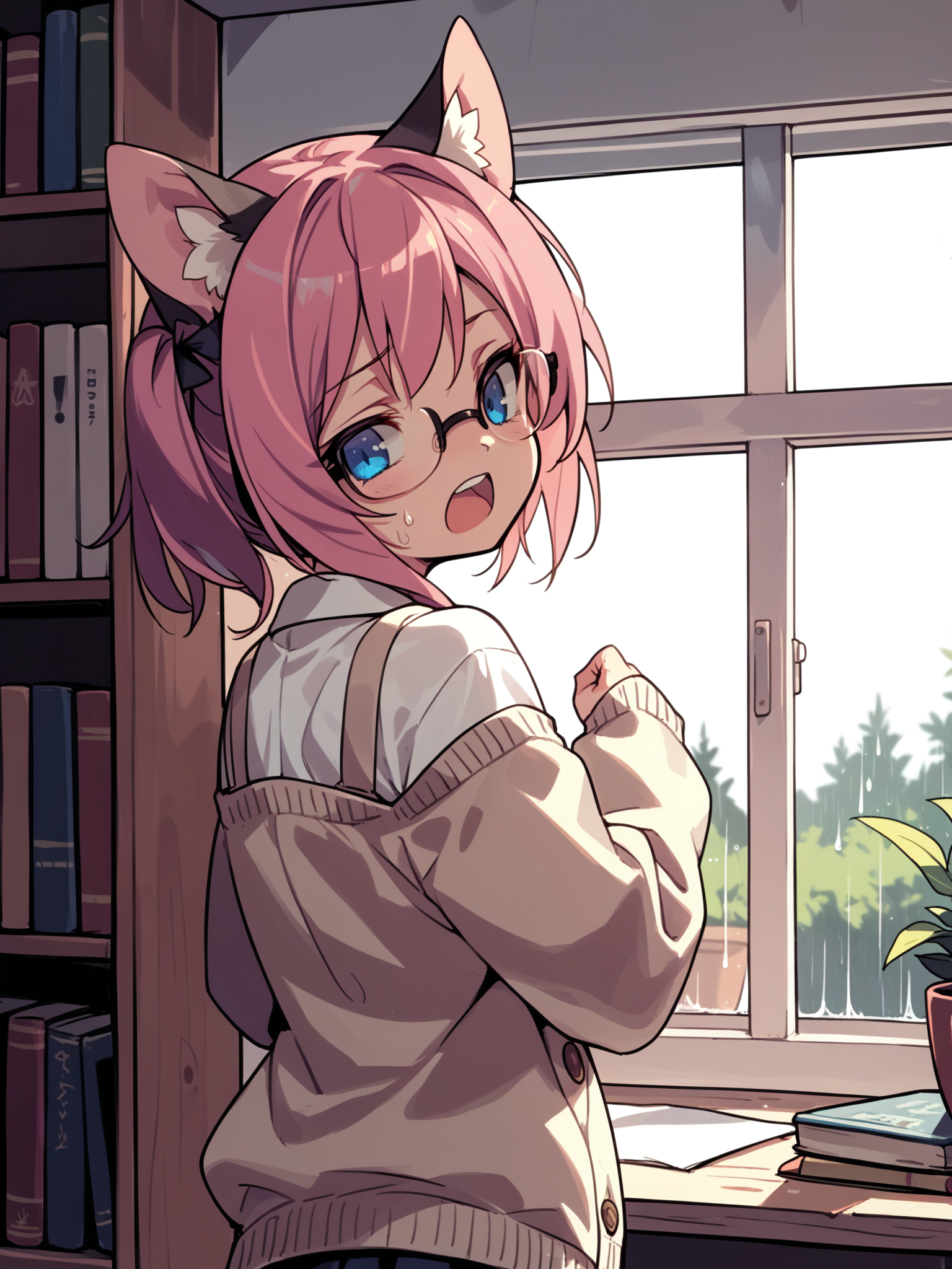(solo focus, upper body:1.2) <lora:happy_tentacle-necomimi-v0.1-000028:1>, ht_necomimi, pink hair, blue eyes, animal ears, (petite:1.2), ( :1.1) ( , , ( :1.2) , screaming (dimple:0.35) , looking back :1.1) , indoors, ((dawn :0.6), rain :0.8), ( window :0.9), (furniture:0.9), , , , , ( :0.8), library, librarian, shirt, skirt, cardigan, under-rim eyewear, glasses ( :0.8) score_9, score_8_up, score_7_up, score_6_up, score_5_up, score_4_up, ( [(realistic, photorealistic:1.3):(realistic:1.3):14] [(3d:1.2)::12] :1) <lora:LUUNA's Lunas-NijiJourney-SDXL-B2:0.3>, nijijourney <lora:prgfrg23's Counterfeit-V3.0 Style SDXL_LoRA_Pony Diffusion V6 XL:0.3> <lora:mfcg's mfcgXL:0.12> <lora:reweik's gyokai(himehajime)_PonyXL_style_v01:0.14>