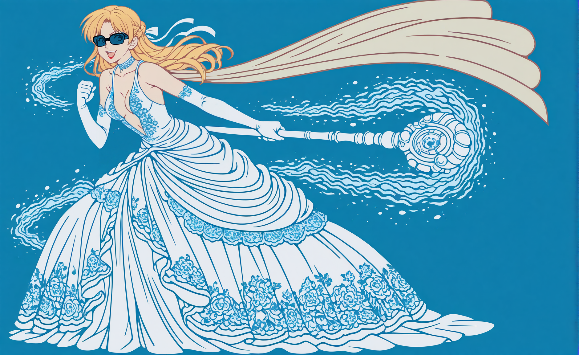Masterpiece,best quality, vector art, ((1girl)),((solo)),blonde,sunglasses,choker,looking at viewer,medium breasts,collarbone,cleavage,smile,lips,lipstick,full body,plunging neckline,elbow gloves,floral embroidery,scarf,long hair,french braid,clenched fist
ballgown,white dress posing for a picture , wearing a ballgown,hair ribbon,grasping magic staff,water spell,open mouth,((lineart,vector art,limited color palette, white theme, blue theme)),
<lora:edgBallgownILSv1:0.65>
